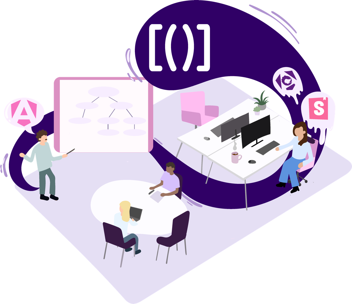 Illustration of an Angular atelier with stylized development tools